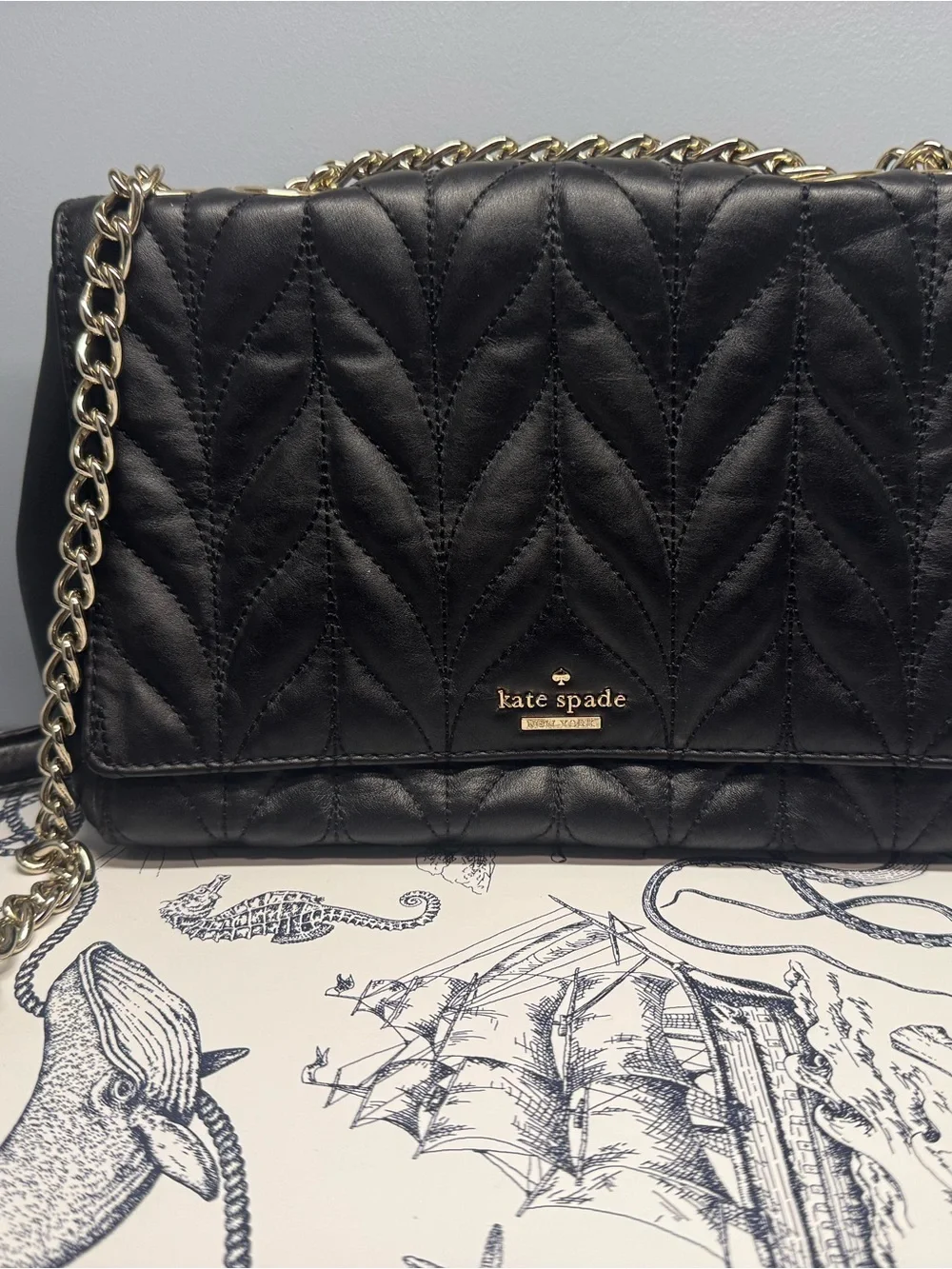 Kate Spade Black Quilted Leather Shoulder Bag with Gold Chain